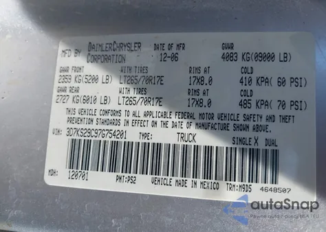 2007 Dodge Ram 2500 Slt из США, поврежденный, VIN 3D7KS29C97G754201